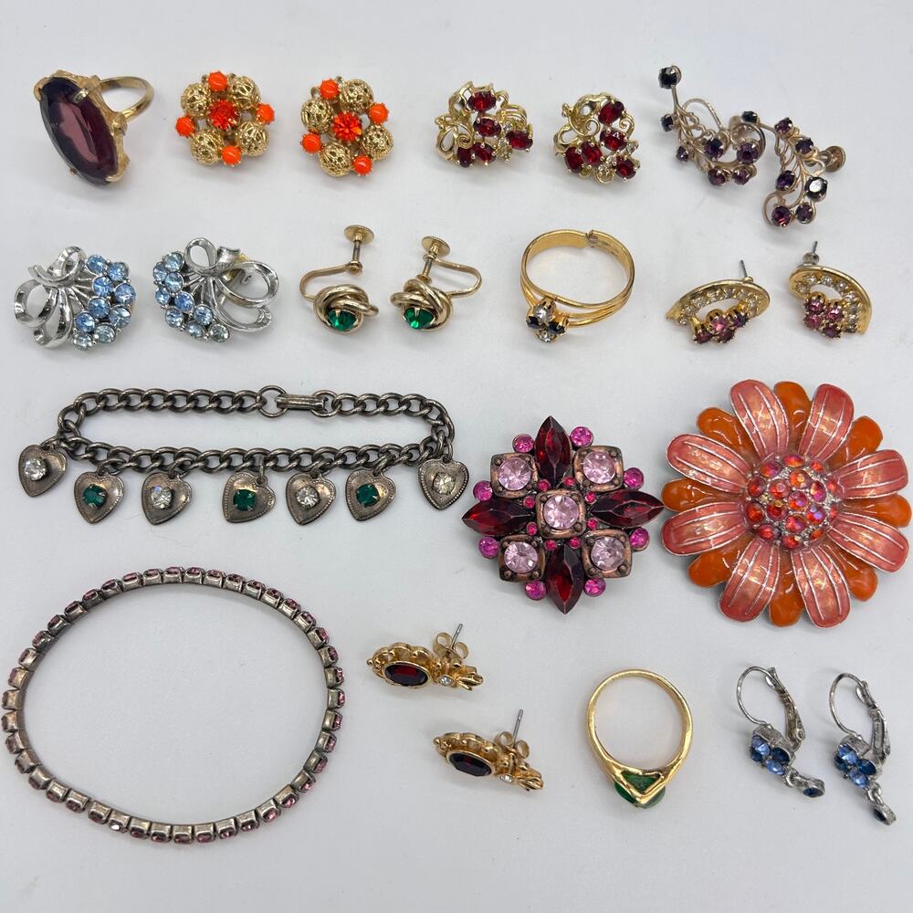 Vintage Colored Rhinestone Jewelry Lot Rings Brooches Bracelets Earrings Bundle